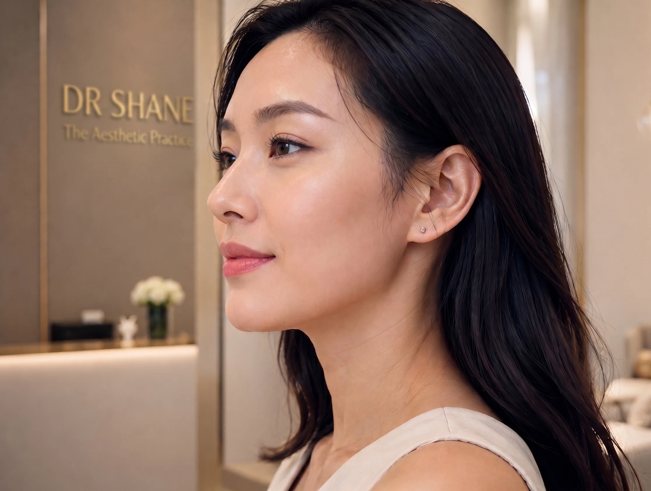 Side profile of a woman showcasing a defined jawline and chin projection after receiving Chin Fillers.