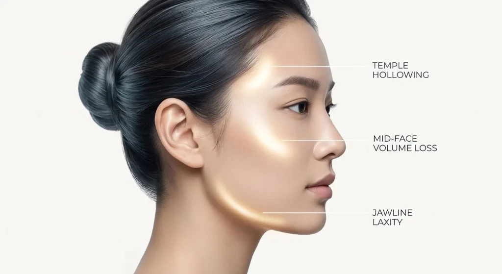 Diagram highlighting facial areas like temple hollowing and jawline laxity targeted by collagen stimulation Singapore treatments.