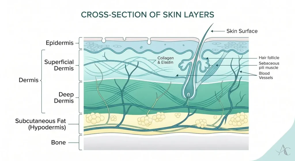Cross-section diagram of skin layers illustrating dermis structure for collagen stimulation Singapore.