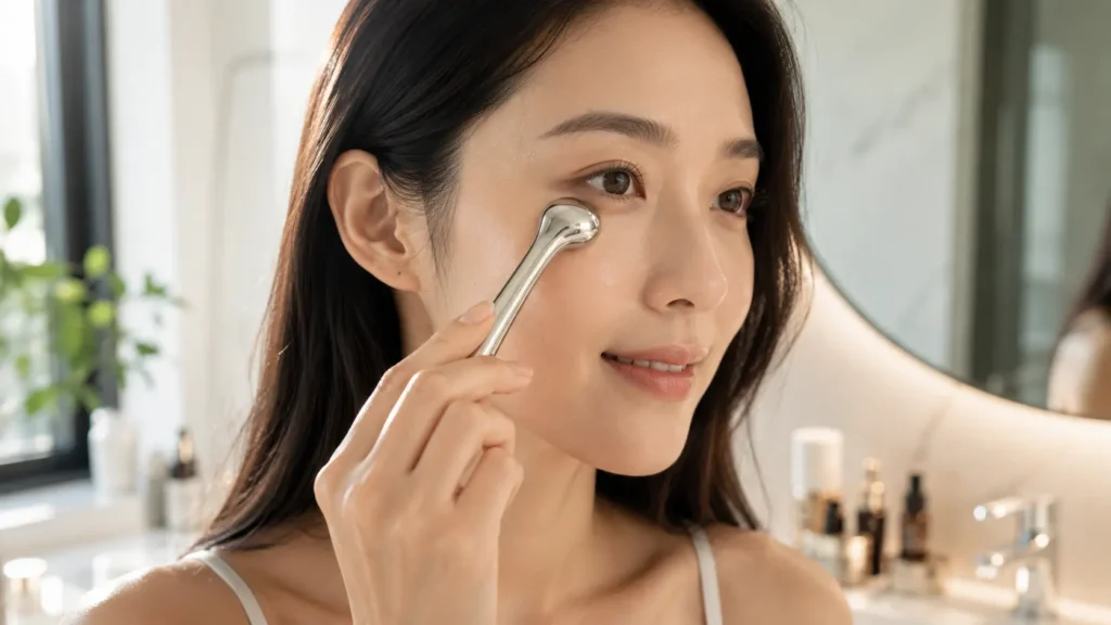 Young woman using a cooling facial roller under her eye to soothe skin and reduce eyebags.