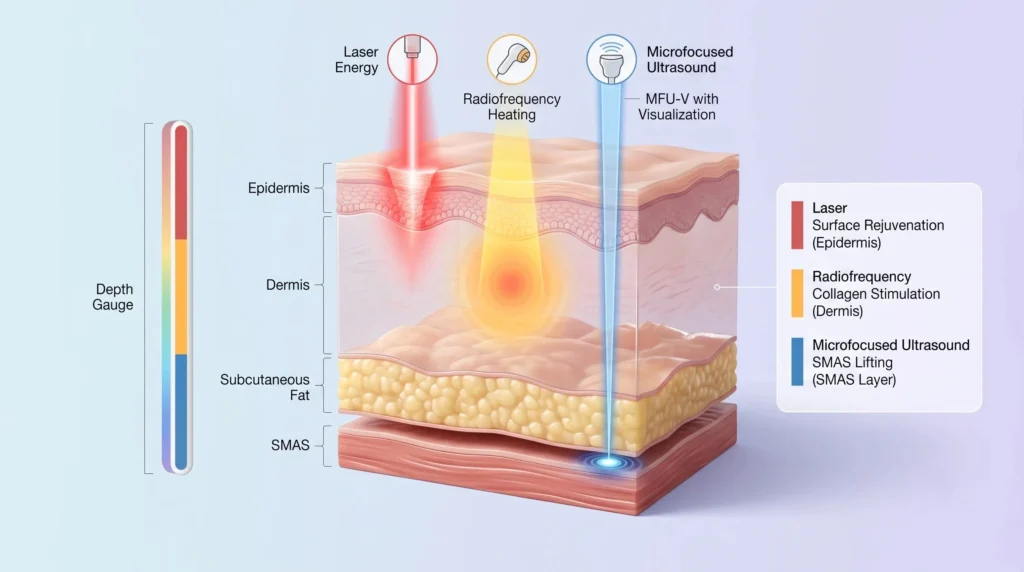 Diagram comparing laser, radiofrequency, and microfocused ultrasound energy depths to show how Ultherapy Prime works on skin layers.