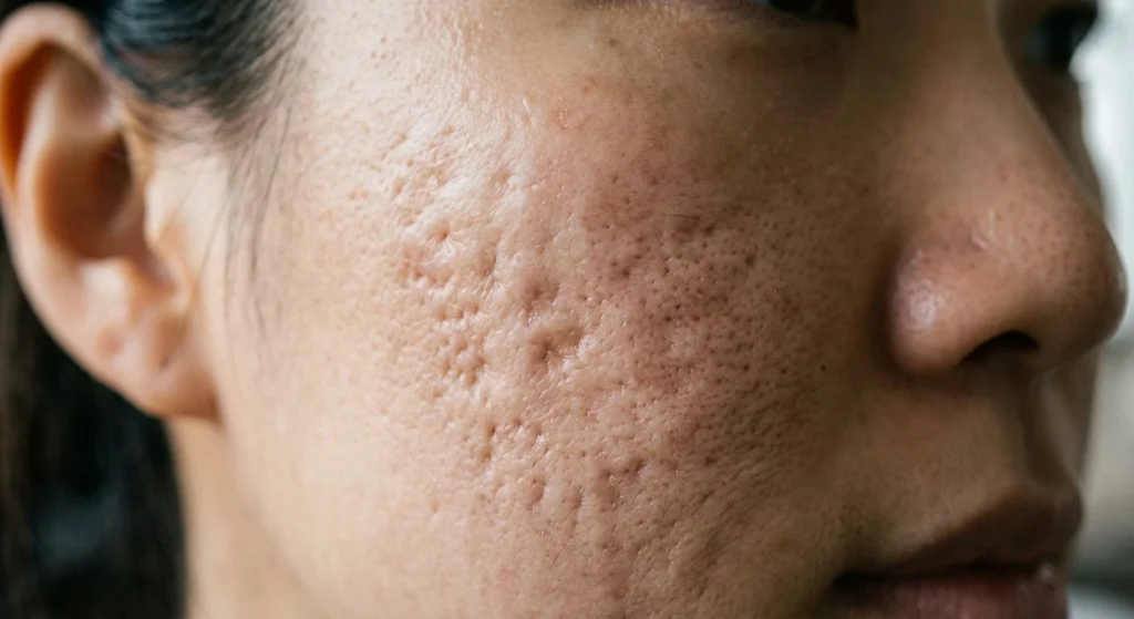Close-up of pitted acne scars and enlarged pores on a person's cheek prior to collagen induction therapy.