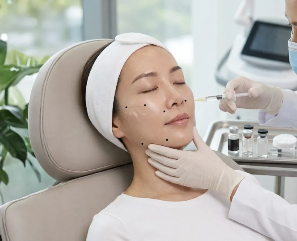Practitioner injecting marked facial points to demonstrate What is profhilo and how does it work?