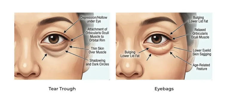 Side-by-side medical diagram comparing under-eye hollows in a tear trough with bulging fat in eyebags.