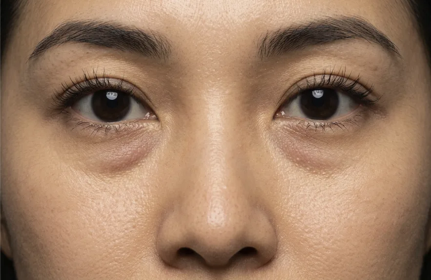 Close-up of a woman's face highlighting hollows and shadowing under the lower eyelids to illustrate a tear trough.