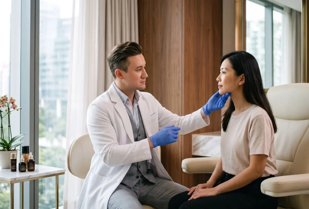 Dr Shane examining a patient's jawline during a consultation for Ultherapy Prime treatment.
