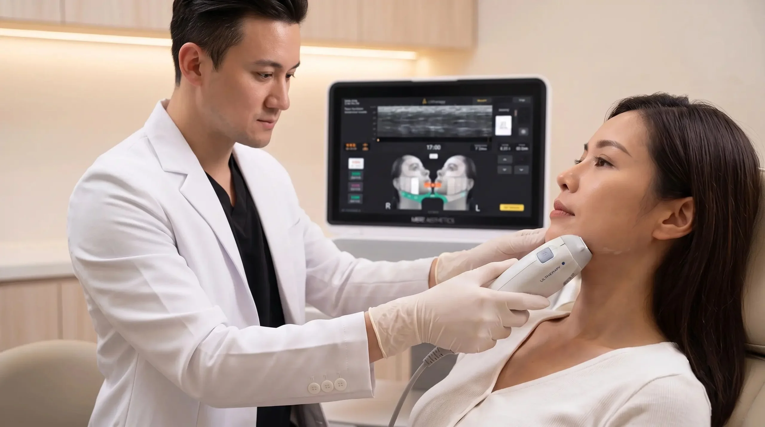 Doctor performing an Ultherapy Prime skin tightening procedure on a patient's lower face using ultrasound imaging.