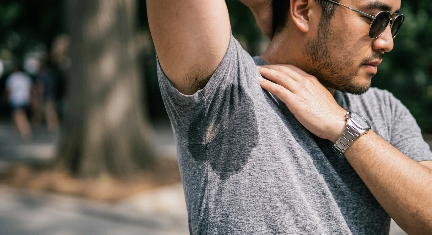 Man outdoors with visible sweat stains on his t-shirt needing an effective Underarm Sweating Treatment.